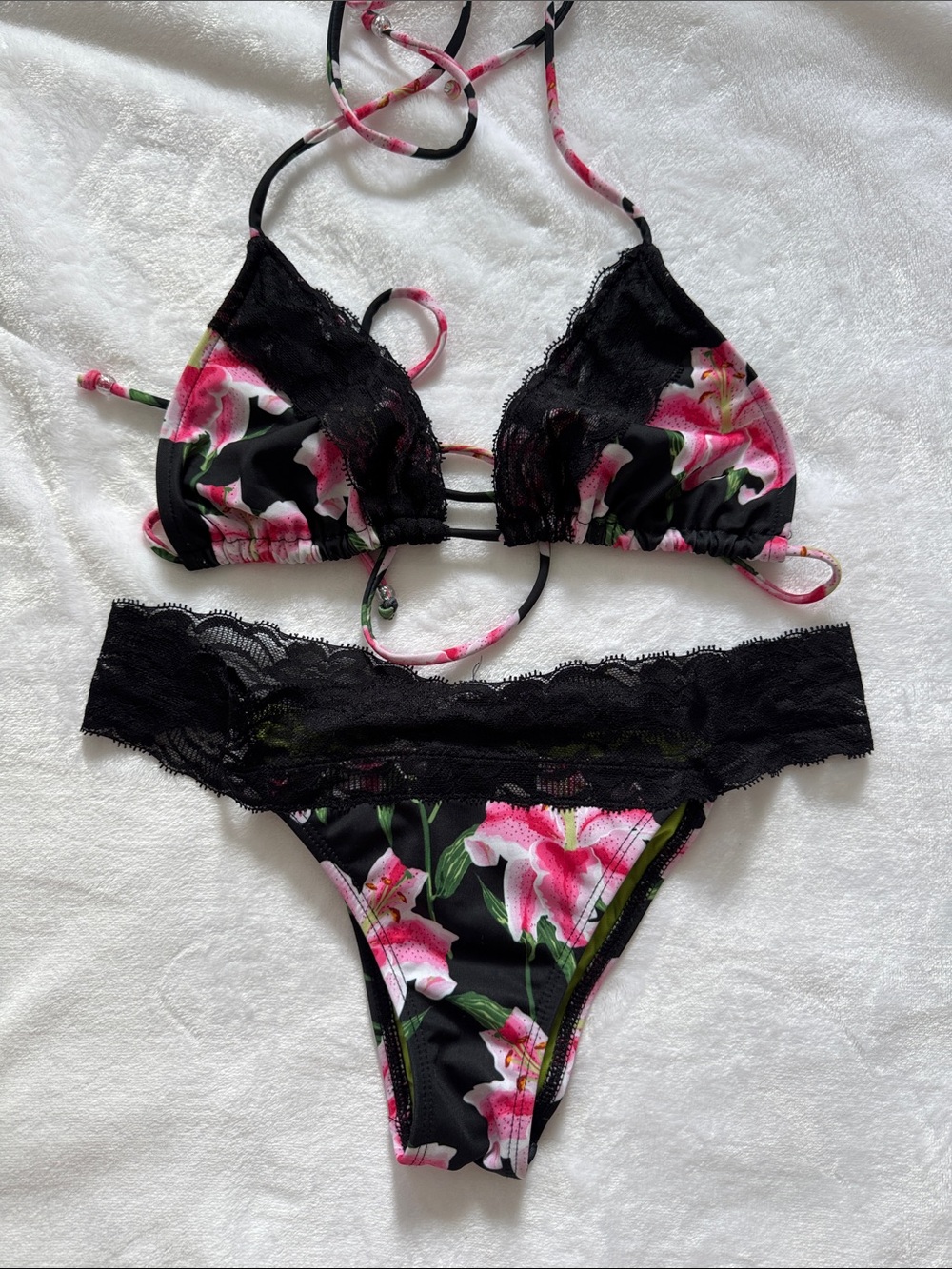 Kaimana Beach Wear Black Lace & Floral Bikini Set